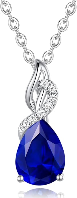 FANCIME 14K Solid White Gold Birthstone Diamond Pendant Necklace for Women Pear Birthstone Pendant, Diamond Accents, 16"+2" Sterling Silver Chain, Anniversary Birthday Gift for Her