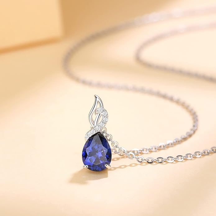 FANCIME 14K Solid White Gold Birthstone Diamond Pendant Necklace for Women Pear Birthstone Pendant, Diamond Accents, 16"+2" Sterling Silver Chain, Anniversary Birthday Gift for Her