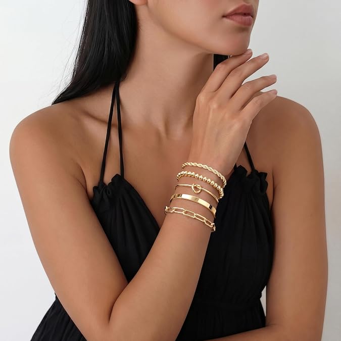Gokeey Gold Bracelets Set for Women Non Tarnish, Waterproof 14K Gold Plated  Gold Bangles Bracelet for Women Trendy Fashion Accessories Tie Knot Cuban Rope Paperclip Beaded Bracelet Stack Jewelry Mothers Day Gifts for Mom Birthday