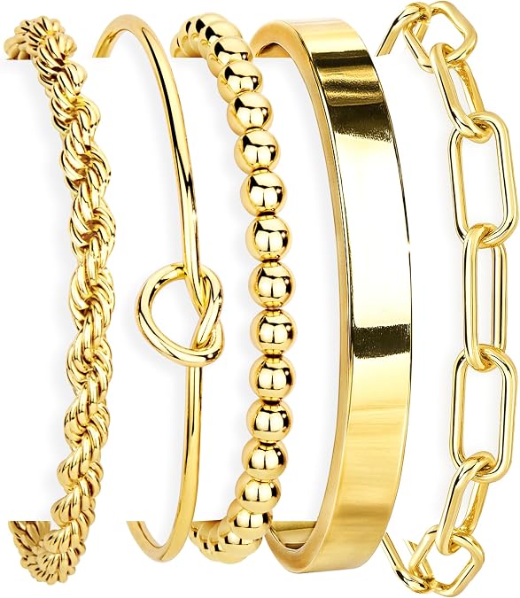Gokeey Gold Bracelets Set for Women Non Tarnish, Waterproof 14K Gold Plated  Gold Bangles Bracelet for Women Trendy Fashion Accessories Tie Knot Cuban Rope Paperclip Beaded Bracelet Stack Jewelry Mothers Day Gifts for Mom Birthday