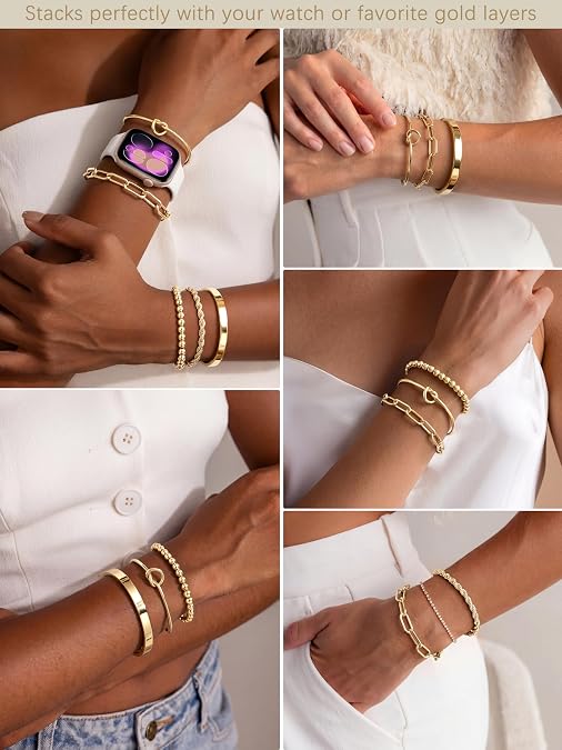 Gokeey Gold Bracelets Set for Women Non Tarnish, Waterproof 14K Gold Plated  Gold Bangles Bracelet for Women Trendy Fashion Accessories Tie Knot Cuban Rope Paperclip Beaded Bracelet Stack Jewelry Mothers Day Gifts for Mom Birthday